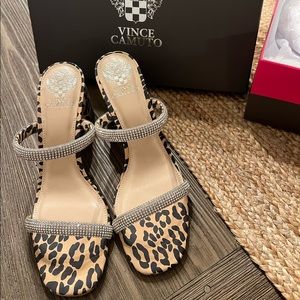 Vince Camuto Magaly Leopard Crystal Slide Wedge Sandals NEW in box